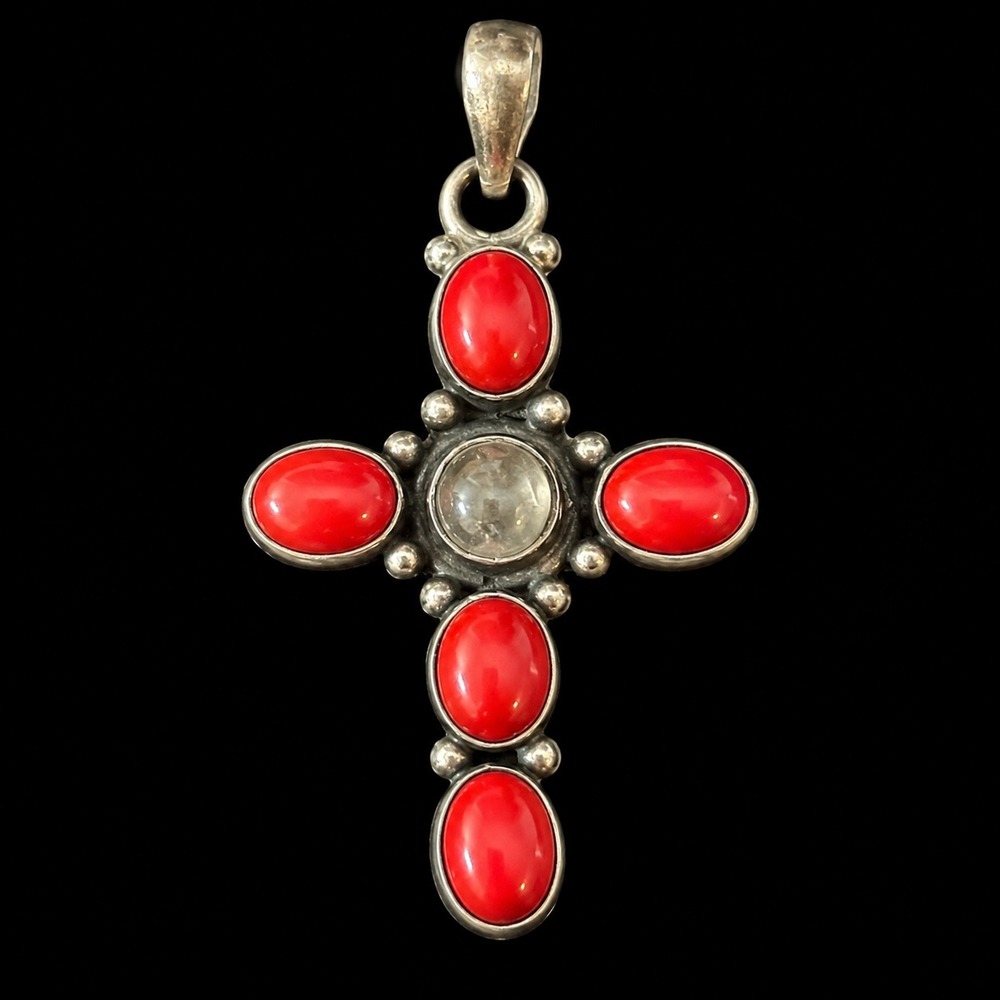 Vintage 925 Sterling Silver Red Coral Moonstone Cross Pendant Religious Jewelry